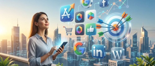 אישה עומדת על מרפסת ומשתמשת בסמארטפון כשמאחוריה על רקע גורדי שחקים בשעת שקיעה מרחפים סמלי אפליקציות פופולריות כמו גוגל פייסבוק ואינסטגרם וכן סמלי עגלת קניות לייק ומטרה עם חצים הממחישים תהליך של פרסום אפליקציות והגעה לקהל יעד