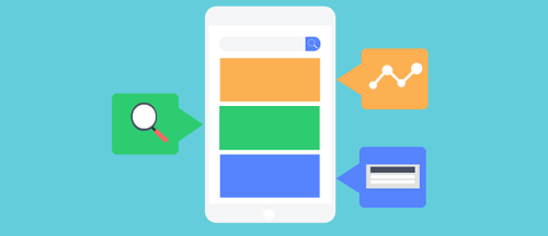 קידום ממומן או אורגני המציג איור גרפי על רקע תכלת המציג טלפון חכם לבן שבמרכז המסך שלו שלושה מלבנים צבעוניים בצבעי כתום ירוק וכחול ומסביבו בועות דיבור המכילות סמלים של זכוכית מגדלת גרף עולה ומקלדת מחשב המייצגים חיפוש וניתוח נתונים דיגיטלי