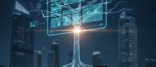 תמונה נושא של המאמר בניית אתרים לעסקים גדולים בסגנון עתידני המציגה עץ זוהר העשוי מקווי דאטה וסיבים אופטיים הצומח מתוך קבוצת מכשירי טכנולוגיה הכוללת שרת, טאבלט, מסך מחשב וסמארטפון על רקע קו רקיע של עיר לילית. ממרכז העץ בוקע לוח בקרה שקוף ומרחף המציג ממשקי משתמש, גרפים ונתונים דיגיטליים בגוונים של כחול וטורקיז המוארים בתאורה ניאונית. היצירה מסמלת צמיחה טכנולוגית, רשתות תקשורת חכמות ואינטגרציה בין עולם הנתונים לסביבה האורבנית המודרנית.