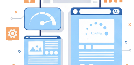 תמונה בדף השירות בניית אתרי תדמית המציגה איור וקטורי המציג טלפון חכם וסביבו חלונות דפדפן וסמלים המייצגים אופטימיזציה של אתרים וביצועי מובייל. האיור כולל חלון עם מד מהירות, חלון בטעינה עם הכיתוב Loading, סמל של גלגל שיניים, טיל להאצת ביצועים וגרף עמודות. העיצוב משלב גוונים של כחול וכתום על רקע לבן עם אלמנטים של מעגלים אלקטרוניים מופשטים.